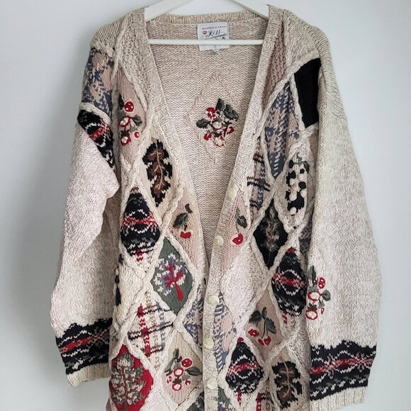 Vintage Hand Embroidered Patchwork Knit Cardigan • Folk Boho • L - Picture 1 of 7